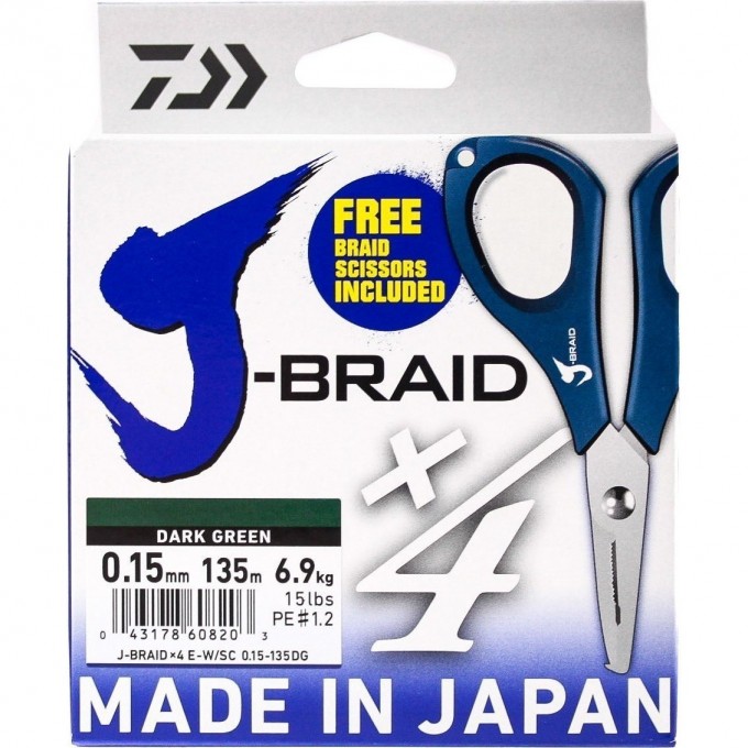Шнур DAIWA J-Braid X4E-W/SC 0,15мм 135м dark green + ножницы 40002817 Шнур DAIWA J-Braid X4E-W/SC 0,15мм 135м dark green + ножницы 40002817