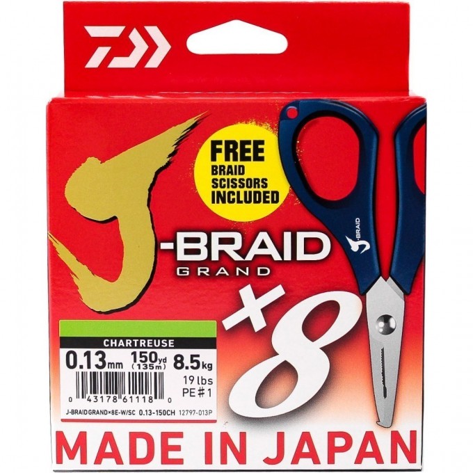 Шнур DAIWA J-Braid X8E-W/SC 0,13мм 135м chartreuse + ножницы 40002636 Шнур DAIWA J-Braid X8E-W/SC 0,13мм 135м chartreuse + ножницы 40002636