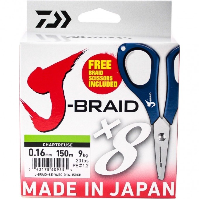 Шнур DAIWA J-Braid X8E-W/SC 0,16мм 150м chartreuse + ножницы 40002942 Шнур DAIWA J-Braid X8E-W/SC 0,16мм 150м chartreuse + ножницы 40002942