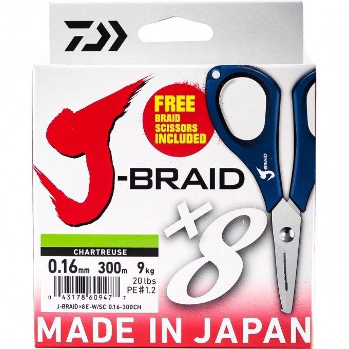 Шнур DAIWA J-Braid X8E-W/SC 0,16мм 300м chartreuse + ножницы 40002964 Шнур DAIWA J-Braid X8E-W/SC 0,16мм 300м chartreuse + ножницы 40002964