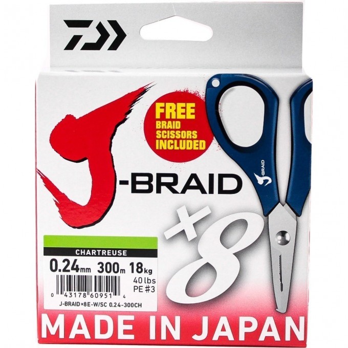 Шнур DAIWA J-Braid X8E-W/SC 0,24мм 300м chartreuse + ножницы 40002968 Шнур DAIWA J-Braid X8E-W/SC 0,24мм 300м chartreuse + ножницы 40002968